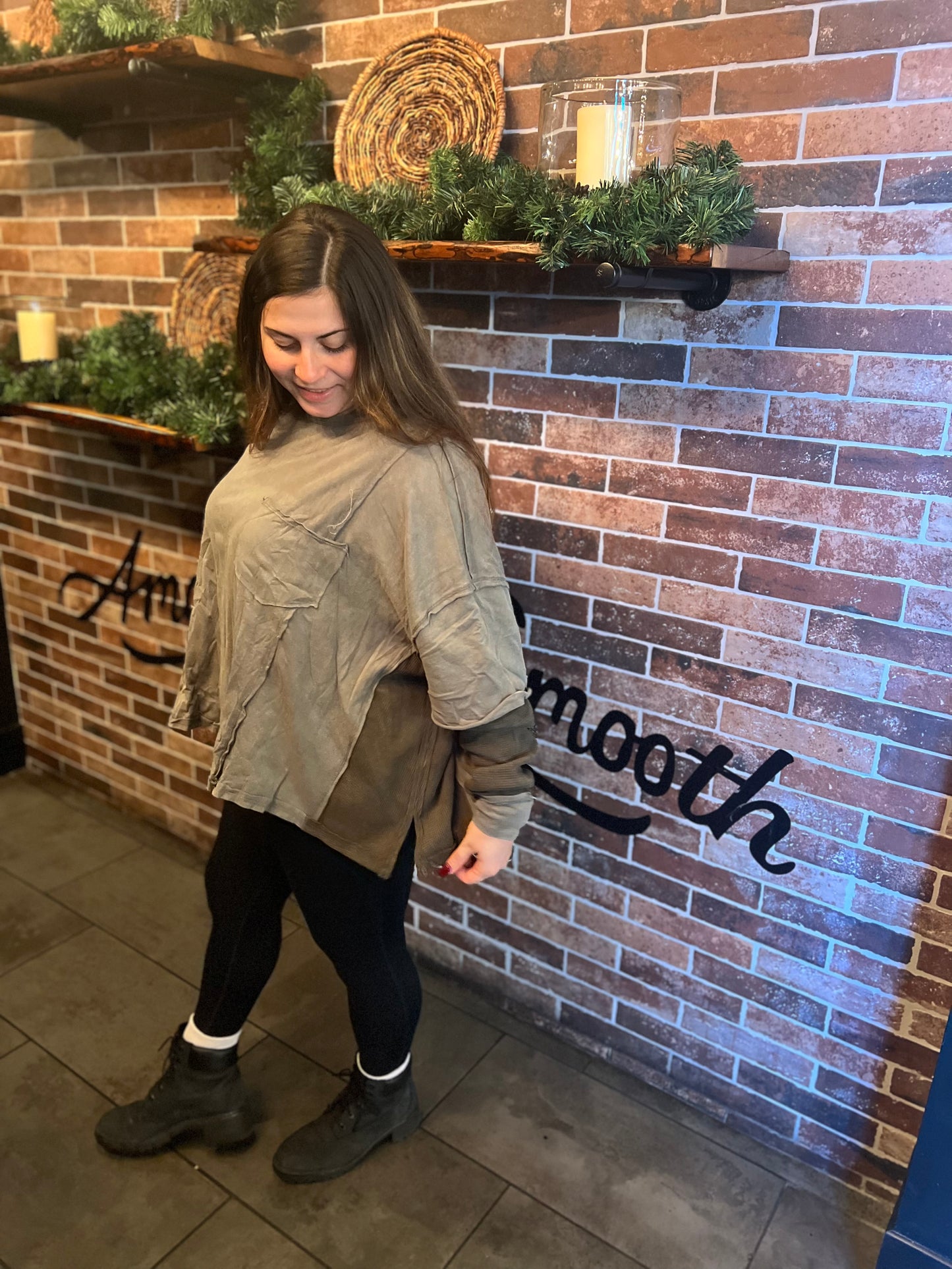 Olive and thyme long sleeve boxy mineral wash top